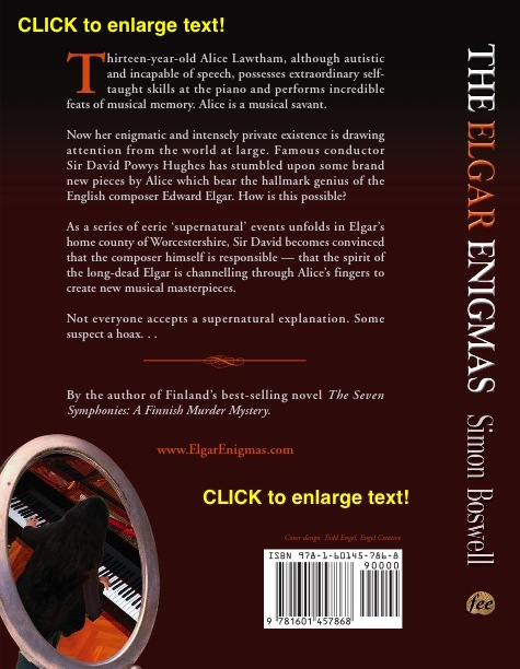 A fascinating Elgar-focused mystery story. A 13-year-old deeply autistic girl creates new  and convincing Elgar compositions at the piano. Is there a rational explanation? Or could something supernatural be happening? At least one celebrated conductor is convinced that Elgar's spirit is channelling through the girl's fingers to bring new masterpieces to the world.